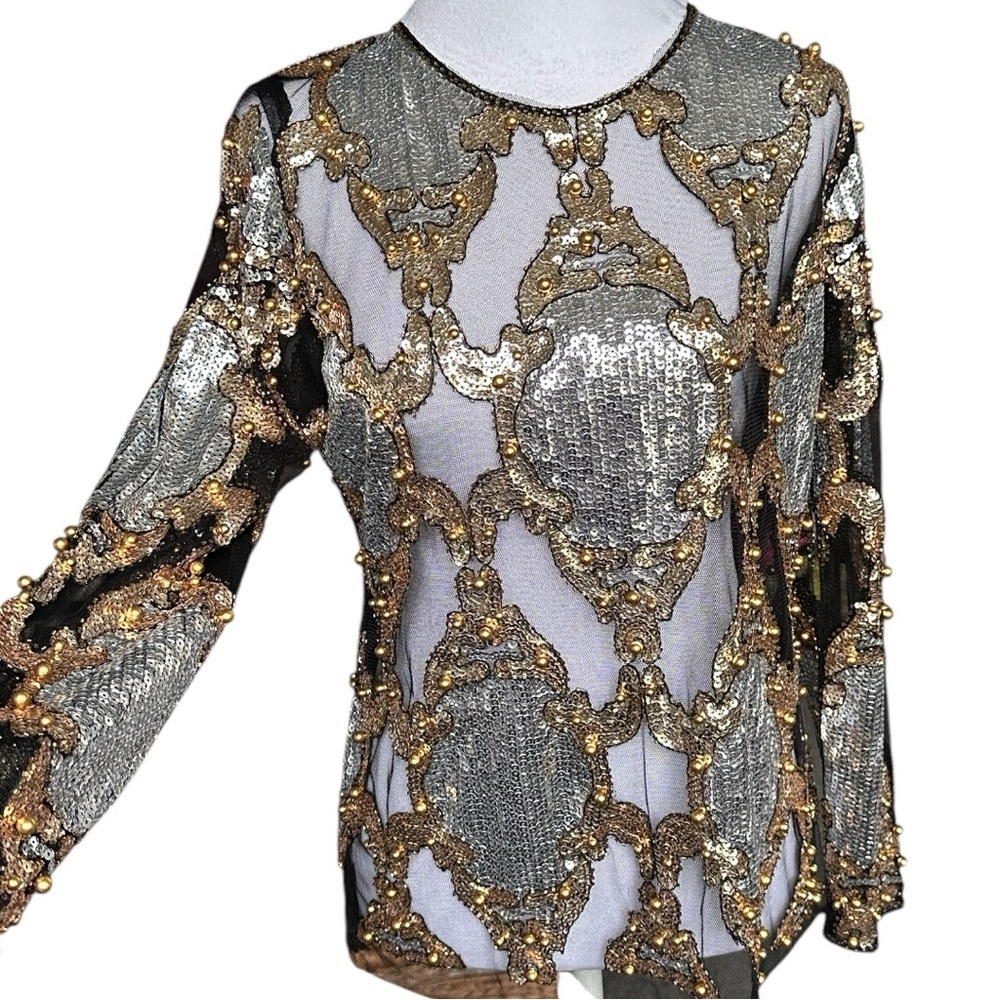 Sequin Lace Mesh Long Sleeve Shirt Top O-Neck - Picture 2 of 8